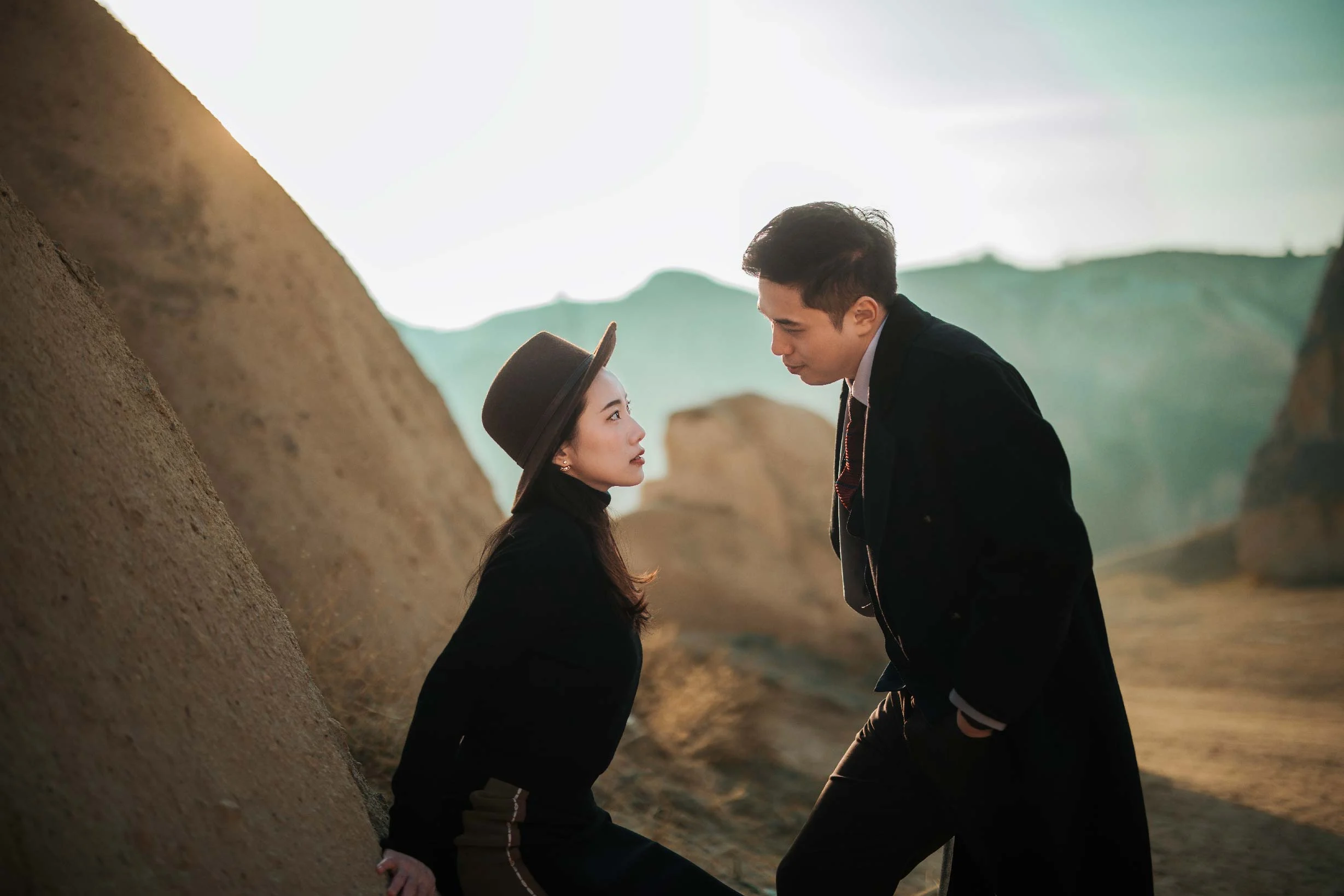 Cinematic couple in a cave
